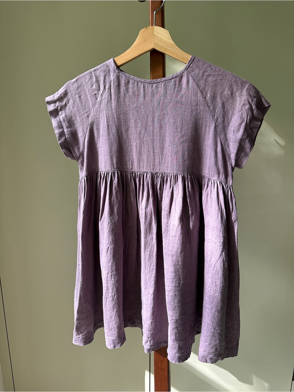 Kids’ Linen Lavender Short-Sleeve Gathered Dress